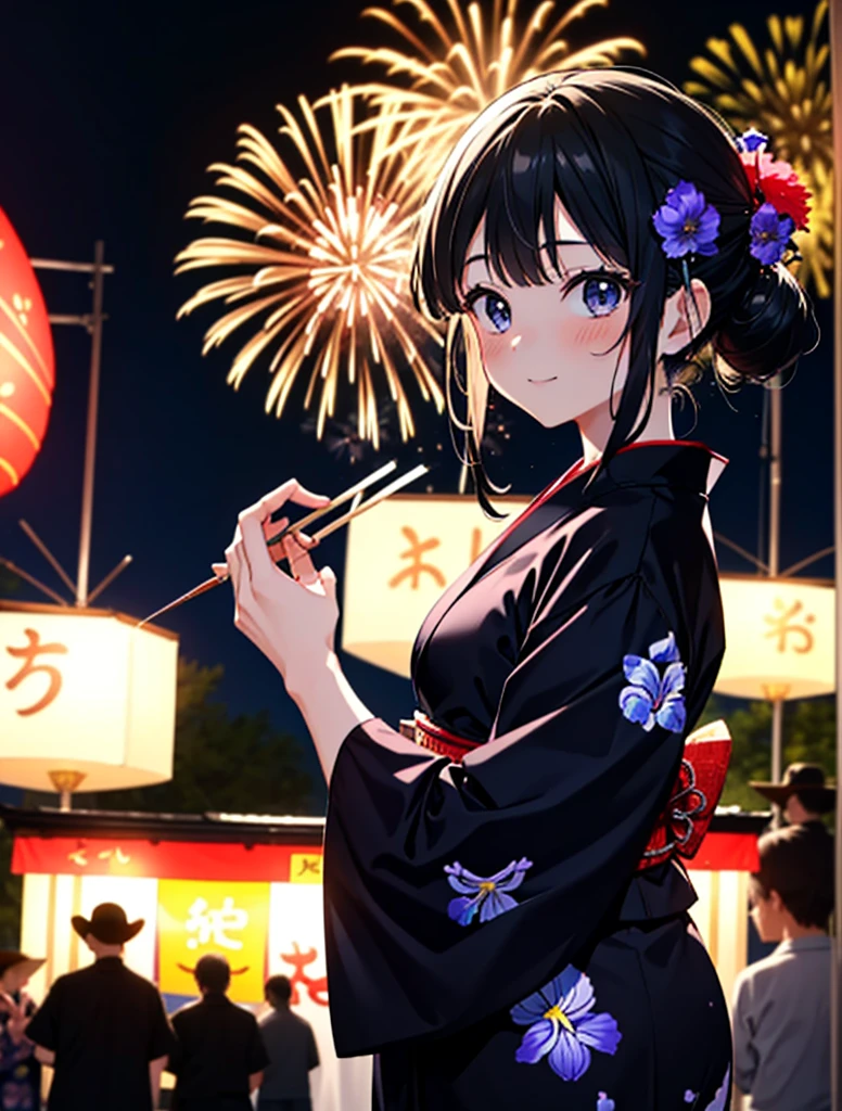 mioakiyama, Mein Akiyama, lange Haare, bangs, schwarzes Haar, (Iris:1.3), Hime-Schnitt,erröten,lächeln,Haare zurückgebunden,Blumen Haarschmuck,Black yukata,Japanische Festivals，Essensstände beim Sommerfest、Rote Laterne,Feuerwerk in the night sky,Feuerwerk,Der Ort ist ein Feuerwerk,Die Zeit ist Nacht,sonniger Tag,ganzer Körperがイラストに入るように
brechen outdoors, Schrein,
brechen looking at viewer, ganzer Körper,(Cowboy-Schuss:1.5),
brechen (Meisterwerk:1.2), höchste Qualität, Hohe Auflösung, Einheit 8k Hintergrundbild, (Figur:0.8), (Schöne Liebe zum Detail:1.6), sehr detailliertes Gesicht, Perfekte Beleuchtung, Hochdetaillierte CG, (perfekte Hände, Perfekte Anatomie),