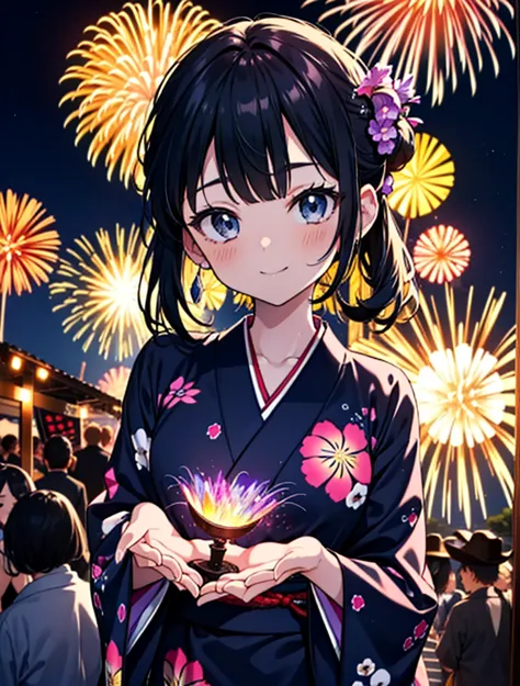 mioakiyama, my akiyama, long hair, bangs, black hair, (iris:1.3), hime cut,blush,smile,hair tied back,flower hair ornaments,blac...