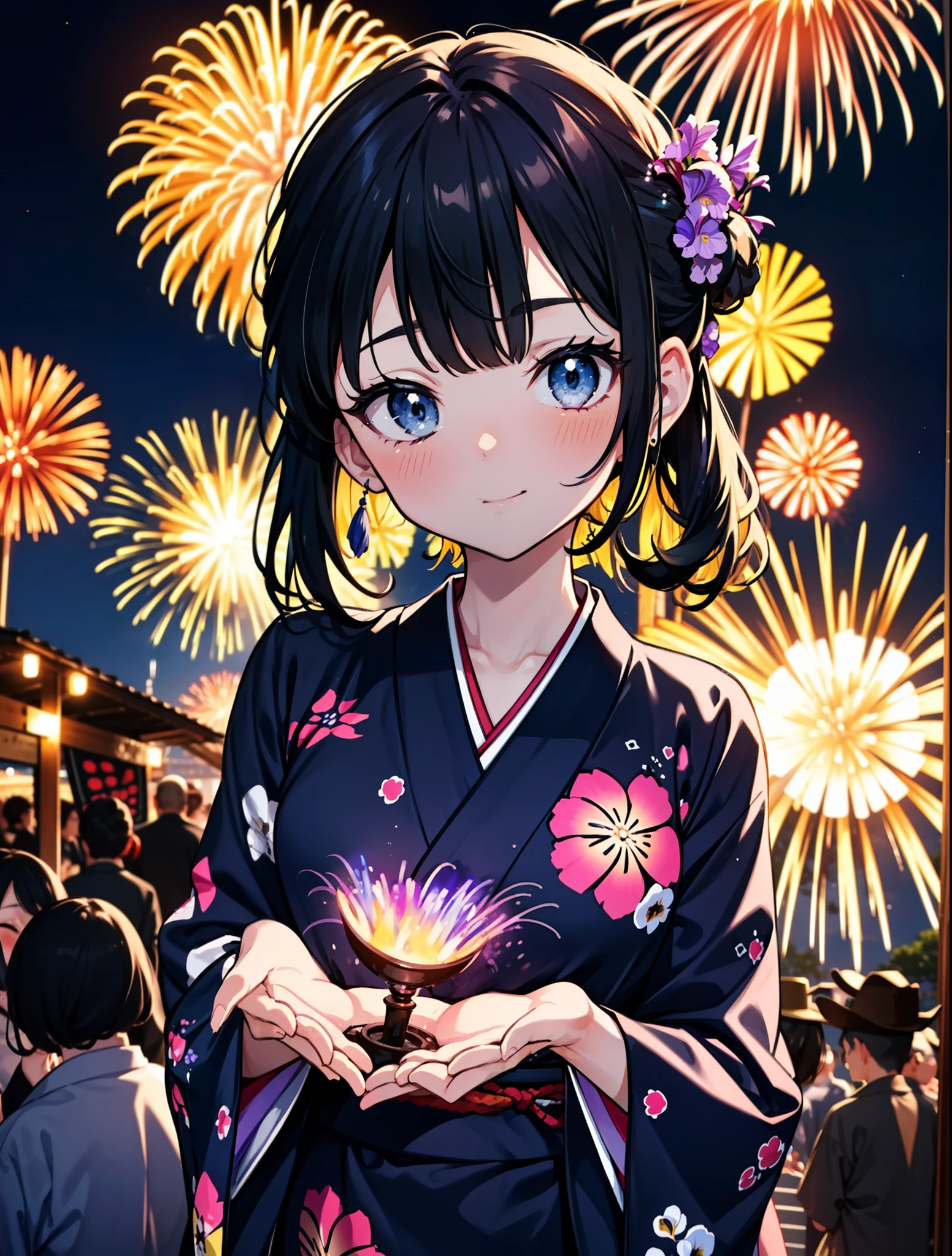 mioakiyama, Mon Akiyama, cheveux longs, frange, cheveux noirs, (Iris:1.3), Coupe Hime,rougir,sourire,cheveux attachés en arrière,Ornements de cheveux de fleurs,Yukata noir,Fêtes japonaises，Stands de nourriture du festival d&#39;été、Lanterne rouge,feux d&#39;artifice in the night sky,feux d&#39;artifice,L&#39;endroit est un feu d&#39;artifice,le temps est la nuit,journée ensoleillée,tout le corpsがイラストに入るように
casser outdoors, tombeau,
casser looking at viewer, tout le corps,(tir de cow-boy:1.5),
casser (chef-d&#39;œuvre:1.2), la plus haute qualité, haute résolution, unité 8k fond d&#39;écran, (chiffre:0.8), (Belle attention aux détails:1.6), Visage très détaillé, éclairage parfait, CG très détaillé, (des mains parfaites, Anatomie parfaite),