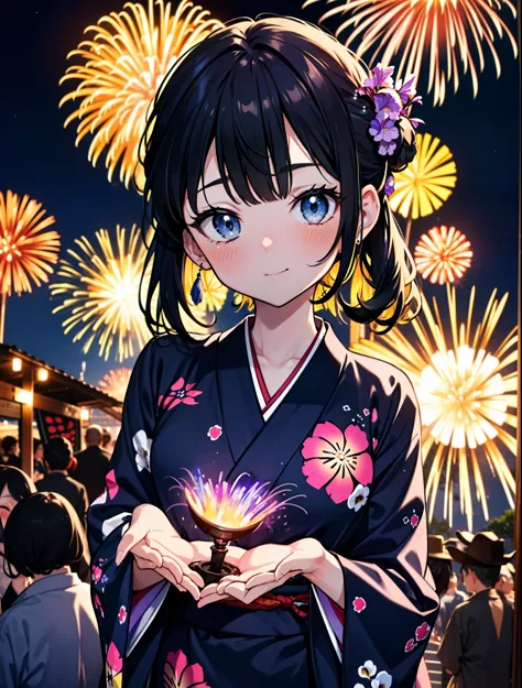 mioakiyama, My Akiyama, Long Hair, bangs, Black Hair, (Iris:1.3), Hime cut,blush,smile,hair tied back,Flower Hair Ornaments,Blac...