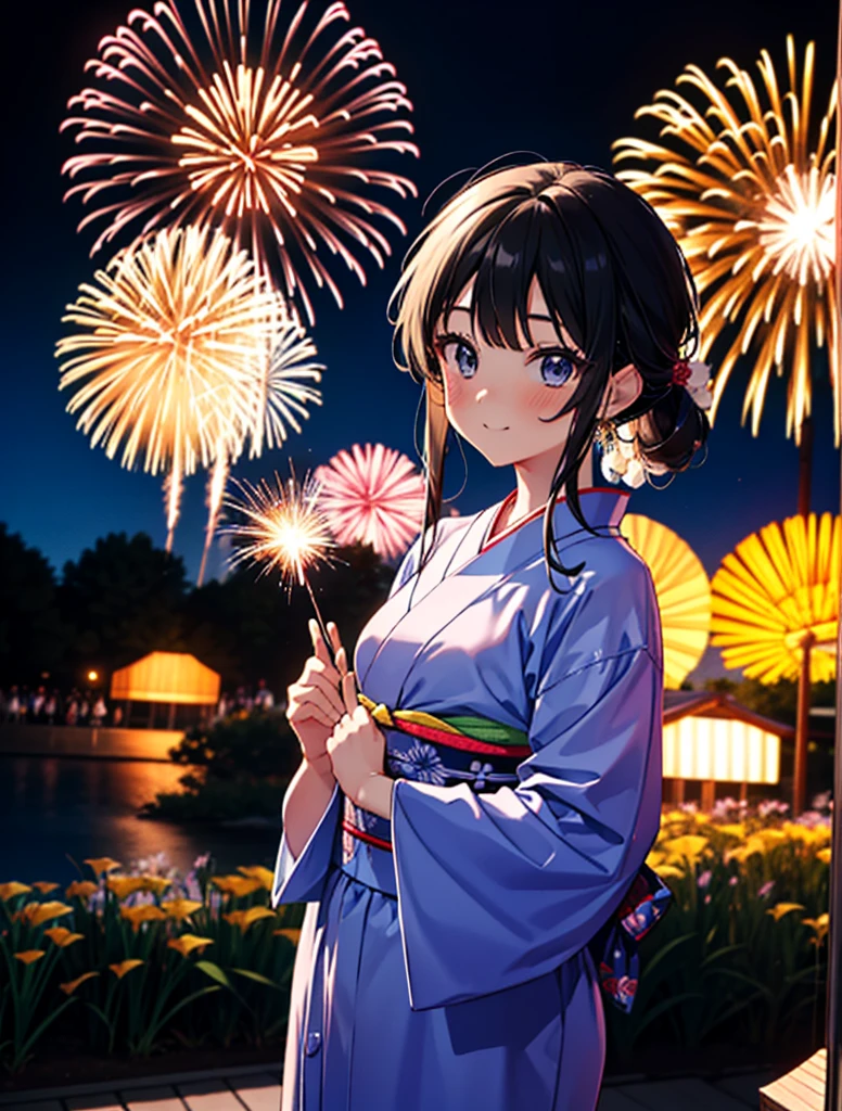 mioakiyama, Mon Akiyama, cheveux longs, frange, cheveux noirs, (Iris:1.3), Coupe Hime,rougir,sourire,cheveux attachés en arrière,Ornements de cheveux de fleurs,Yukata noir,Fêtes japonaises，Stands de nourriture du festival d&#39;été、Lanterne rouge,feux d&#39;artifice in the night sky,feux d&#39;artifice,L&#39;endroit est un feu d&#39;artifice,le temps est la nuit,journée ensoleillée,tout le corpsがイラストに入るように
casser outdoors, tombeau,
casser looking at viewer, tout le corps,(tir de cow-boy:1.5),
casser (chef-d&#39;œuvre:1.2), la plus haute qualité, haute résolution, unité 8k fond d&#39;écran, (chiffre:0.8), (Belle attention aux détails:1.6), Visage très détaillé, éclairage parfait, CG très détaillé, (des mains parfaites, Anatomie parfaite),