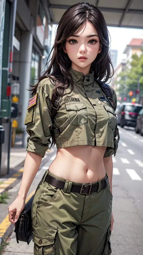 Woman in military crop top, Cargo pants