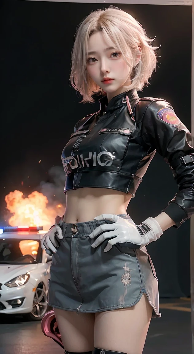 (Top Quality, Ultra High Definition, Photorealistic:1.4), (cowboy shot:1), 1 Beautiful Armed Girl, (Kpop Idol), Detailed Face, (Hair Style: long hair blonde:1, fullbang, shortbob-style:1), Contrapposto, Perfect Anatomy, ((wearing Futuristic Police Racing Suits, low-mini-skirt, police wappen, High-tech Headset, military harness, racing gloves, )), (Cloths colors based on silver pink black white), (background, crashed cars, fire, (Explosion)),