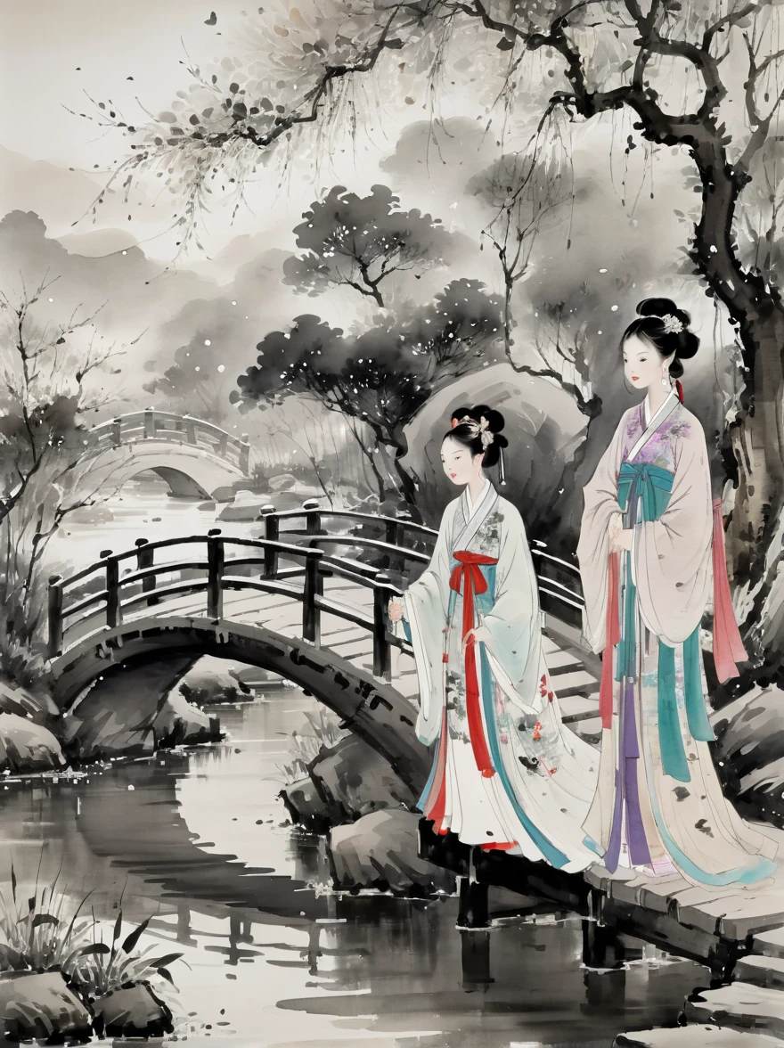 (Un estilo de Wu Guanzhong:1.9), Pintura conceptual con tinta china del romántico Festival Qixi: un niño y una niña chinos vestidos con hanfu . Historia de amor entre la tejedora y el vaquero, Puente de la urraca, y reuniones estelares . monocromo, perder, fluid, expresivo, delicado,Vistoso . Obras de arte digitales, ilustrativo, pictórico, pintura mate, muy detallado