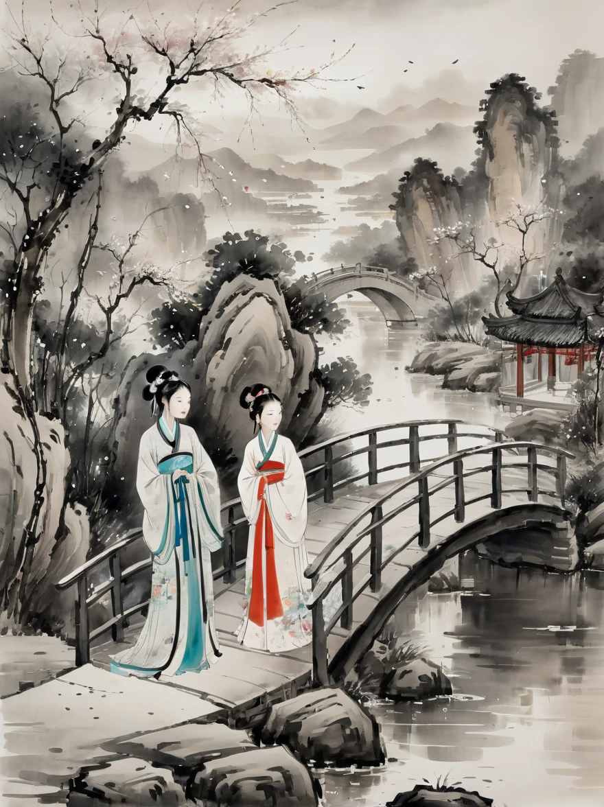 (n style of Wu Guanzhong:1.9), concept art ink wash painting of romantic Qixi Festival a chinese boy and girl in hanfu . love story of Weaver Girl and Cowherd, magpie bridge, and starry reunions . monochromatic, loose, fluid, expressive, delicate,colorful . digital artwork, illustrative, painterly, matte painting, highly detailed