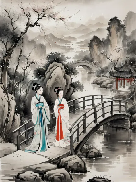 (n style of Wu Guanzhong:1.9), concept art ink wash painting of romantic Qixi Festival a chinese boy and girl in hanfu . love st...