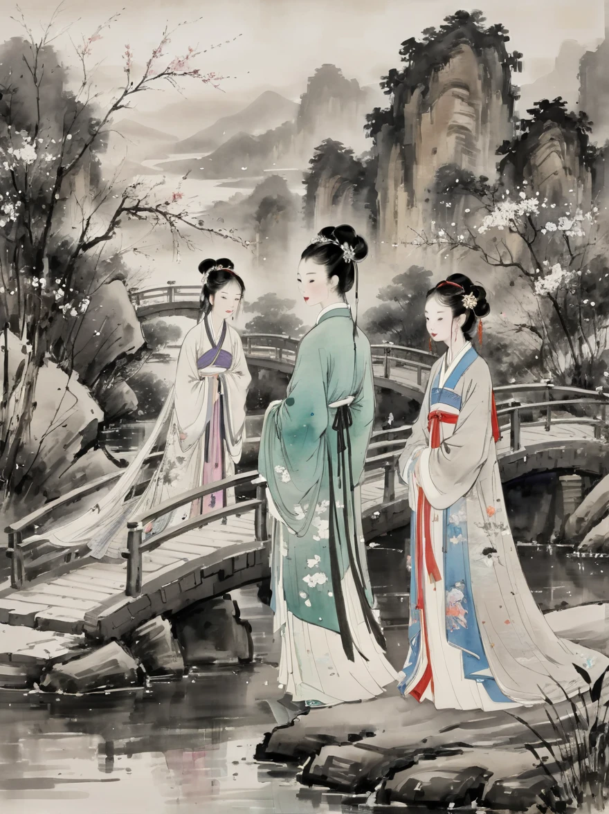 (Un estilo de Wu Guanzhong:1.9), Pintura conceptual con tinta china del romántico Festival Qixi: un niño y una niña chinos vestidos con hanfu . Historia de amor entre la tejedora y el vaquero, Puente de la urraca, y reuniones estelares . monocromo, perder, fluid, expresivo, delicado,Vistoso . Obras de arte digitales, ilustrativo, pictórico, pintura mate, muy detallado