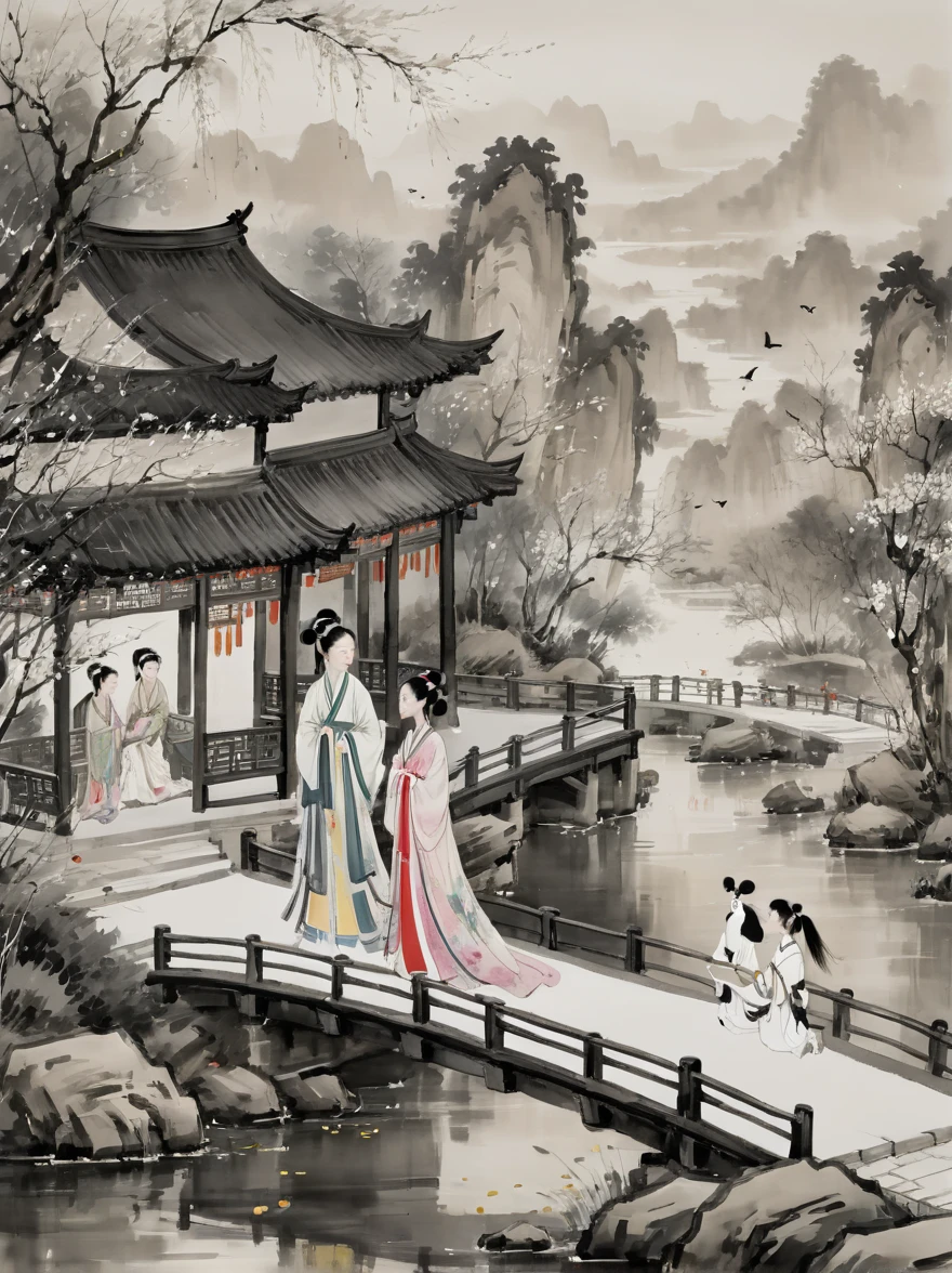 (Un estilo de Wu Guanzhong:1.9), Pintura conceptual con tinta china del romántico Festival Qixi: un niño y una niña chinos vestidos con hanfu . Historia de amor entre la tejedora y el vaquero, Puente de la urraca, y reuniones estelares . monocromo, perder, fluid, expresivo, delicado,Vistoso . Obras de arte digitales, ilustrativo, pictórico, pintura mate, muy detallado