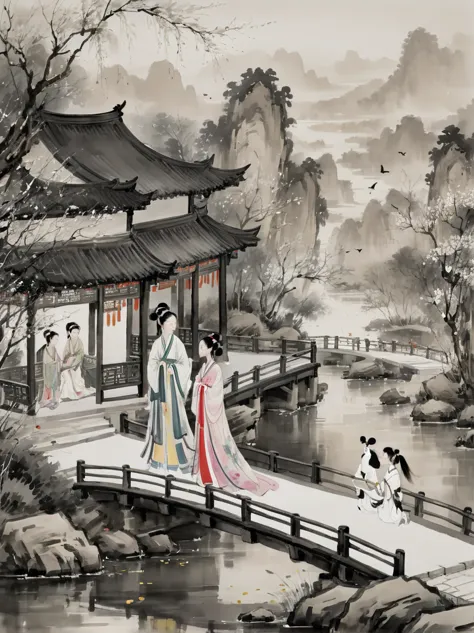 (n style of Wu Guanzhong:1.9), concept art ink wash painting of romantic Qixi Festival a chinese boy and girl in hanfu . love st...