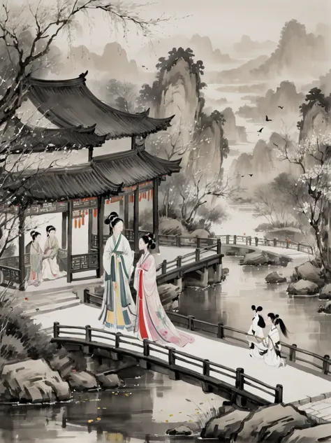 (n style of wu guanzhong:1.9), concept art ink wash painting of romantic qixi festival a chinese boy and girl in hanfu . love st...