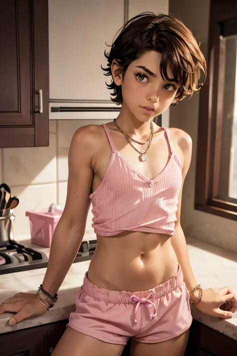 1gitl, wearing pink cotton shorts and skimpy tank top, leaning against a kitchen counter, dark wavy hair, ((flat chest like a bo...