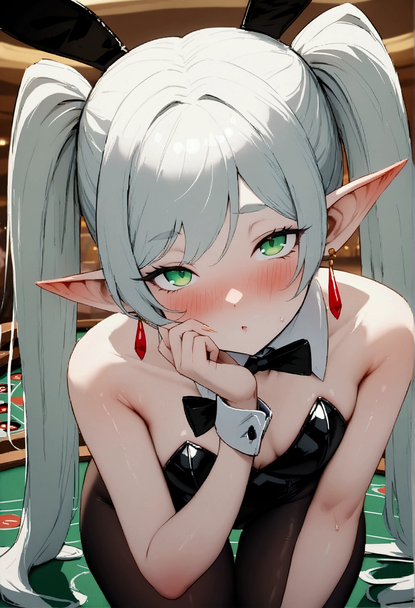 NSFW,masterpiece,Highest quality,High resolution,Very detailed,Frielen\(葬送のFrielen\),Pointed Ears,Green Eyes,Twin tails,very long hair of white color,, Earrings,Playboy Bunny,Black Pantyhose,casino,Kissing Face,heart,blush