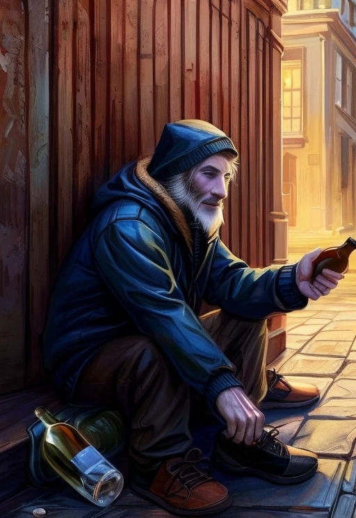 LitRPG, RealRPG, Black gray and magic blue,  blue window specifications, homeless man in shabby clothes, in dirty black jackets, homeless man throws a bottle and a stone, bum thrower, фантазия в мир феньези, бомж кидает в камеру, 