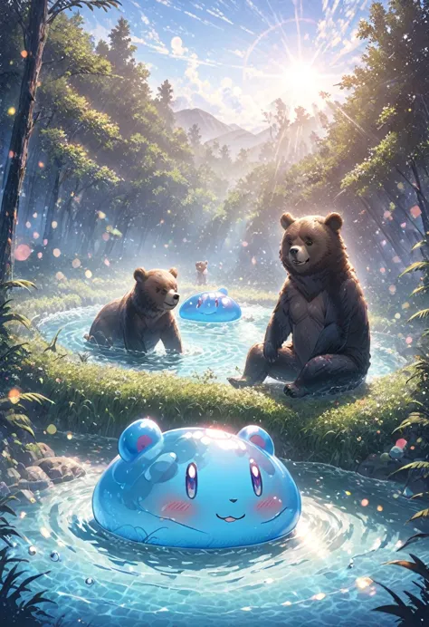 one person, waterside in the forest、sit with your feet in the water、enjoy a slime bath、bear, sit on the ground, clear blue sky、b...