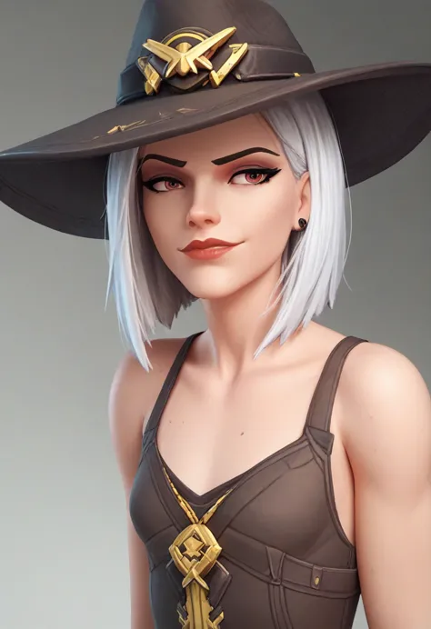 (masterpiece) (best quality) (detailed) (8k) (cinematic) (sharp focus), overwatch reference, ashe lost her hat, short hair, wide...