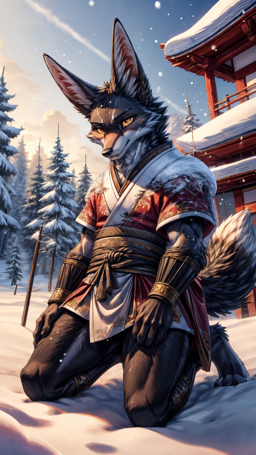 The best quality, Japanese teen jackal black body, egiptian clothes , fox face elongated snout add-detail, Surprise face, sweaty body, add heated_detail,, jackal warrior in the snow add_detail:1, add barefoot_detail:1 mystical aura, kneeling in the snow