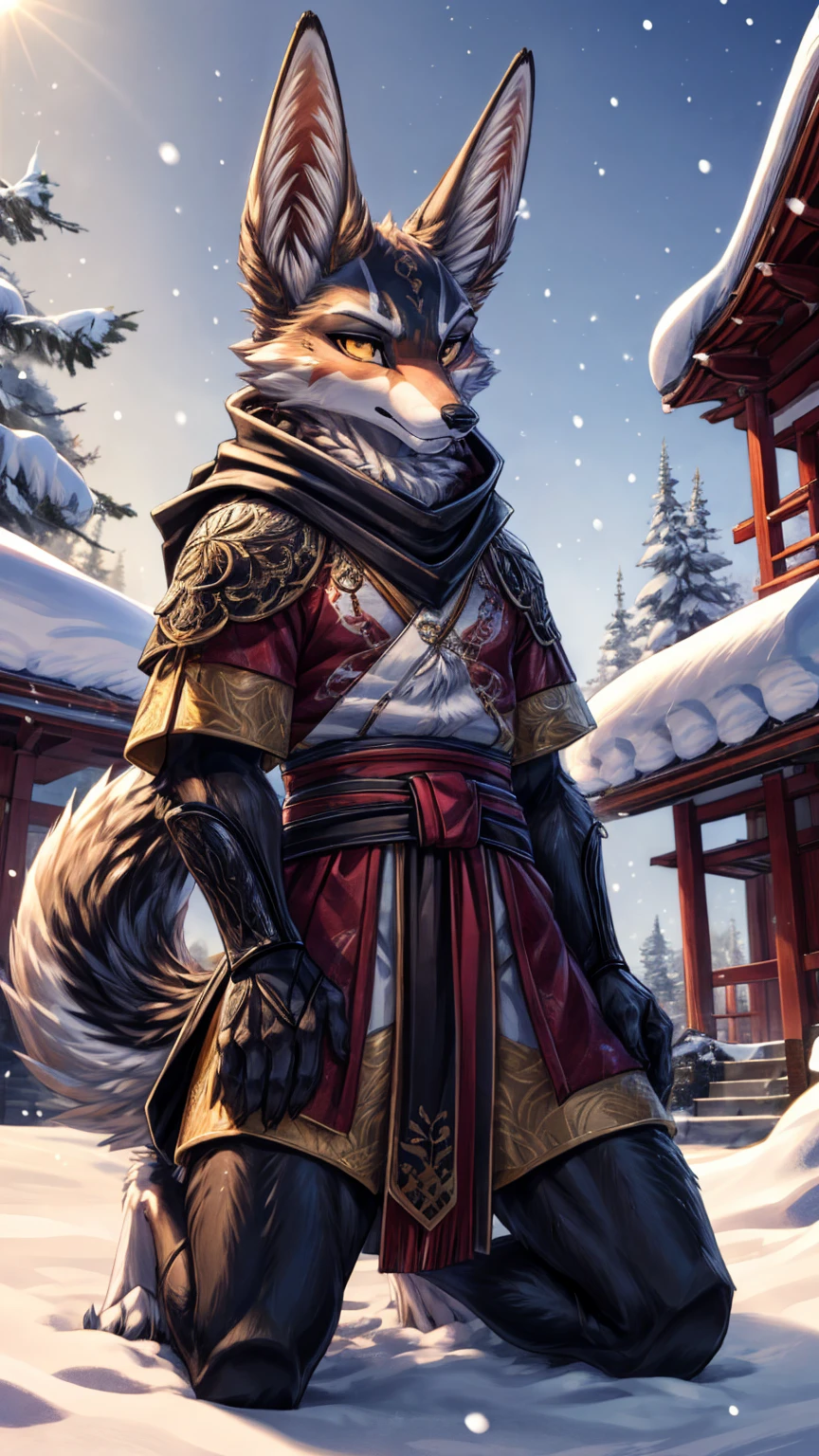 The best quality, Japanese teen jackal black body, egiptian clothes , fox face elongated snout add-detail, Surprise face, sweaty body, add heated_detail,, jackal warrior in the snow add_detail:1, add barefoot_detail:1 mystical aura, kneeling in the snow