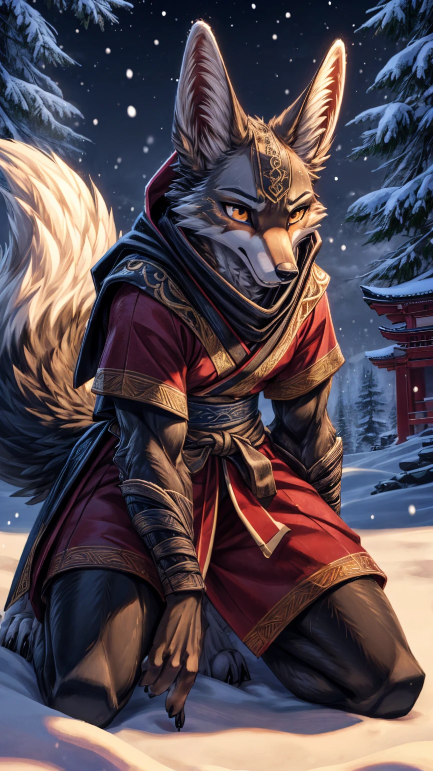 The best quality, Japanese teen jackal black body, egiptian clothes , fox face elongated snout add-detail, Surprise face, sweaty body, add heated_detail,, jackal warrior in the snow add_detail:1, add barefoot_detail:1 mystical aura, kneeling in the snow