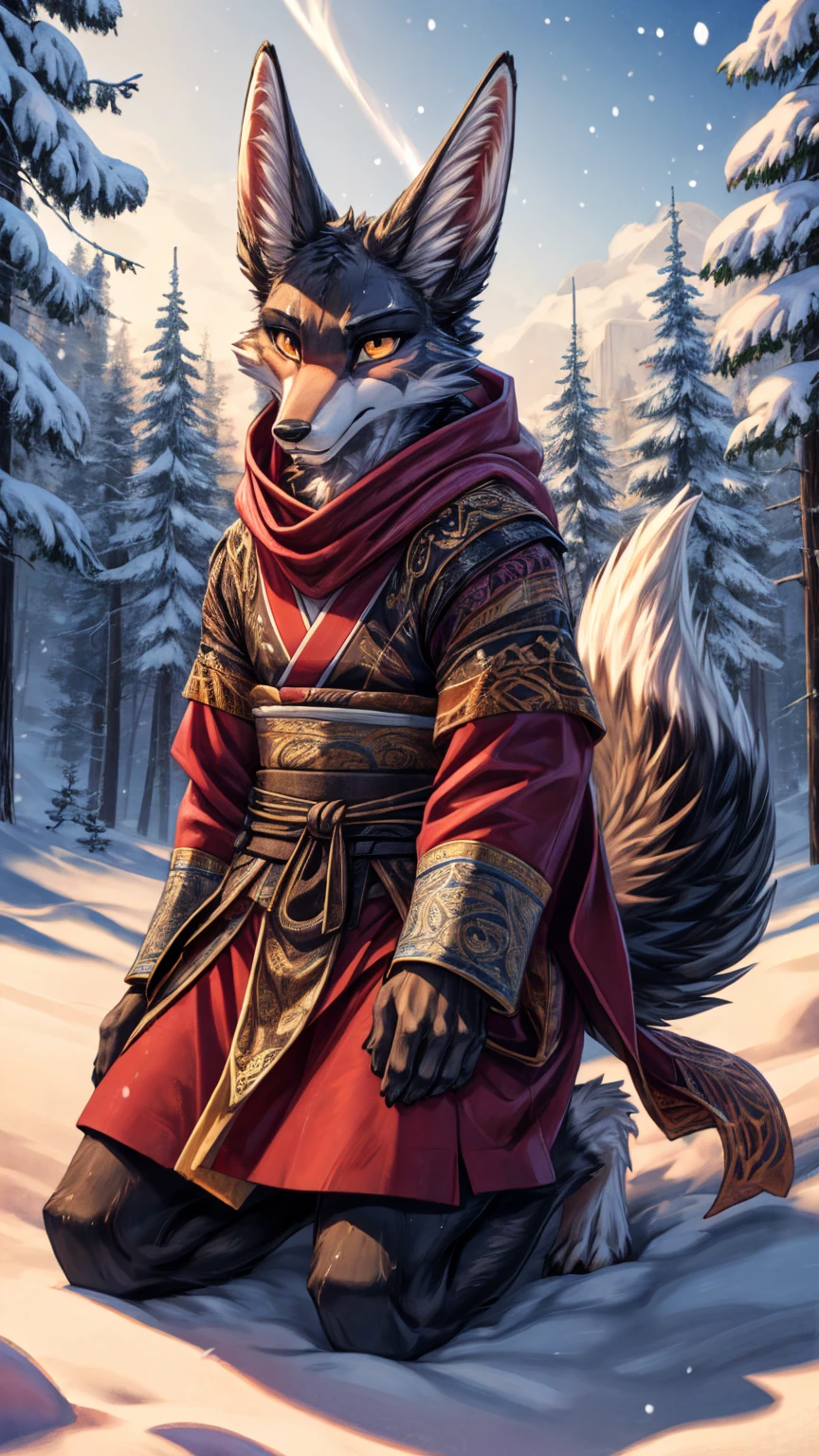 The best quality, Japanese teen jackal black body, egiptian clothes , fox face elongated snout add-detail, Surprise face, sweaty body, add heated_detail,, jackal warrior in the snow add_detail:1, add barefoot_detail:1 mystical aura, kneeling in the snow