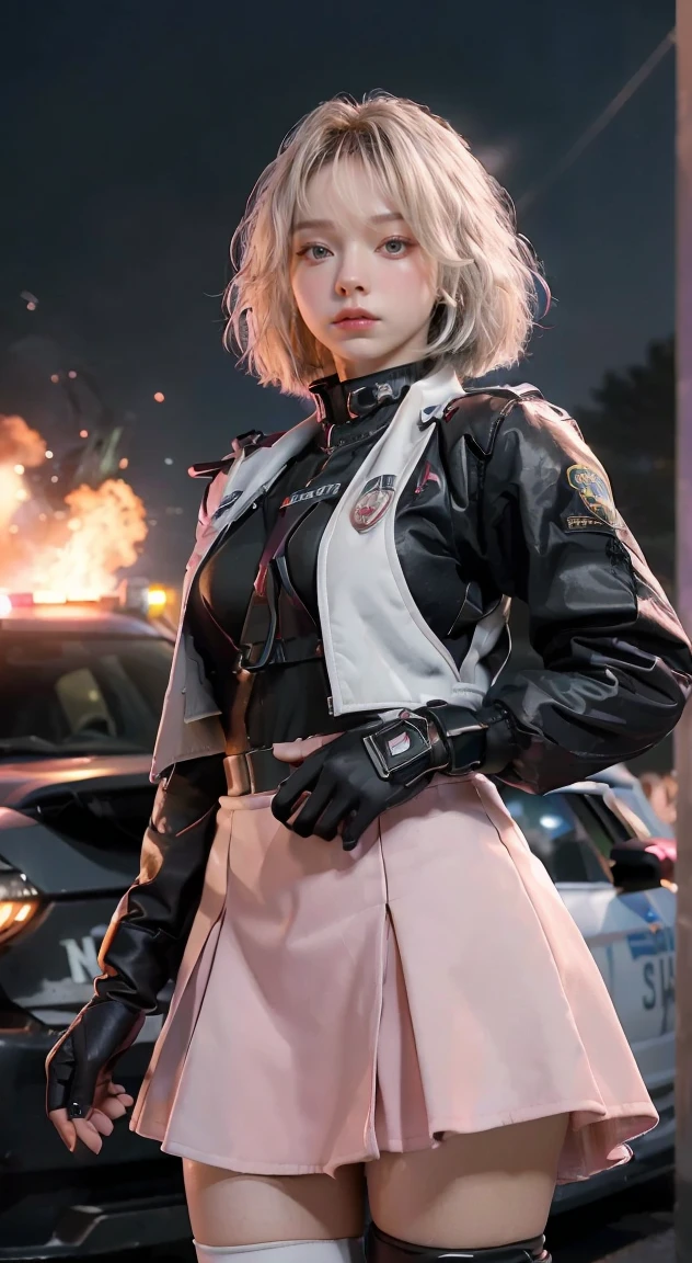 (Top Quality, Ultra High Definition, Photorealistic:1.4), (cowboy shot:1), 1 Beautiful Armed Girl, (Kpop Idol), Detailed Face, (Hair Style: long hair blonde:1, fullbang, shortbob-style:1), Contrapposto, Perfect Anatomy, ((wearing Futuristic Police Racing Suits, low-mini-skirt, police wappen, High-tech Headset, military harness, racing gloves, )), (Cloths colors based on silver pink black white), (background, crashed cars, fire, (Explosion)),