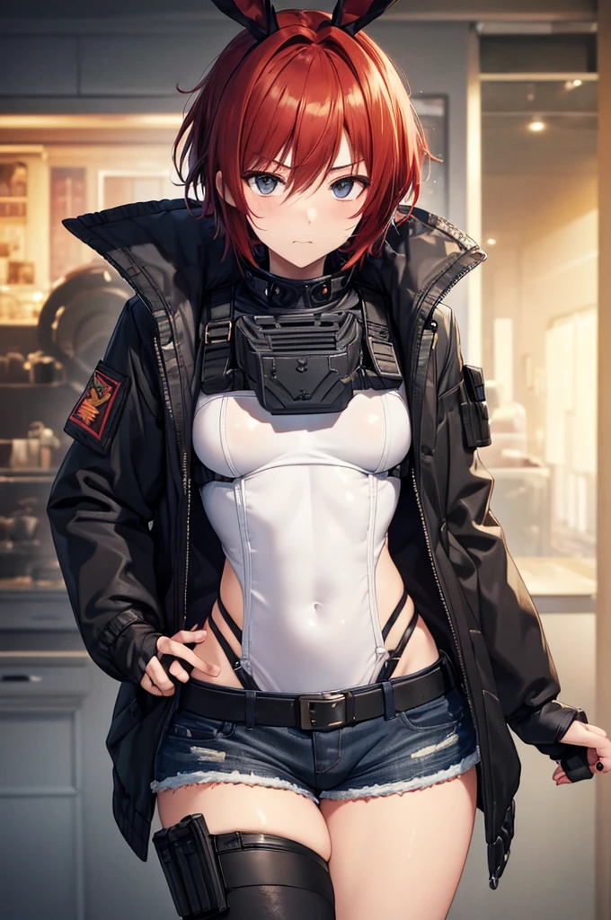 ((Best Quality, 8K, Masterpiece: 1.3)), 1 girl, Slender beauty: 1.3, (Short spiky red hair: 1.2), A girl wearing a white shirt and denim shorts with a black jacket over it, fur collar jacket, super thin face, thin eyes, big breasts, (bulge), red hair, lollipop in mouth, tired expression, bunny ears, military, ((plate carrier)), black tactical gear, black body armor, chest gear, (pouches), black eyes, black tactical uniform, stockings, fingerless gloves