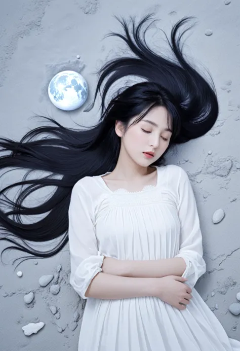 lunar surface、the girl falls asleep、black hair、a starless night、white earth