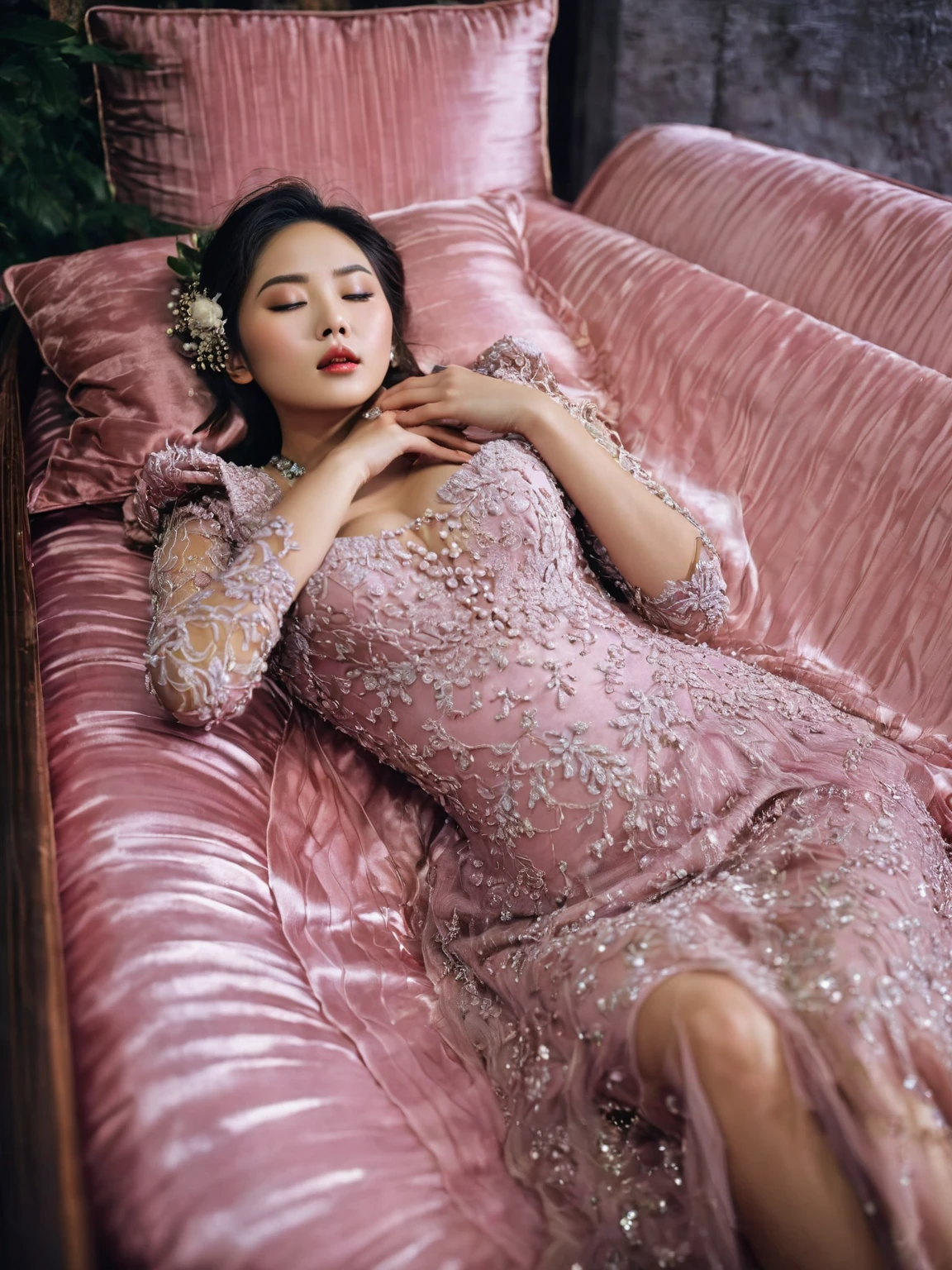 In a striking 8K HDR scene, a stunning Korean woman, 22 years old, lies peacefully in a black coffin surrounded by plush pillows. The deep box is set against a rich black background, accentuating the beauty of the subject. Her exquisite deep-V neckline kebaya attire is embroidered with superb detail, showcasing her round and firm breasts, perfect cleavage, and beautiful eyebrows. Her closed eyes and mouth give an air of serenity, while her visible and absolute cleavage leave nothing to imagination. The scene is bathed in saturated colors, highlighting every intricate aspect from the ball skirt to her clean face, straight body, detailed hand perfect hands, straight body, own hands together, own hand on stomach, detailed hands, perfect hands,, straight legs.