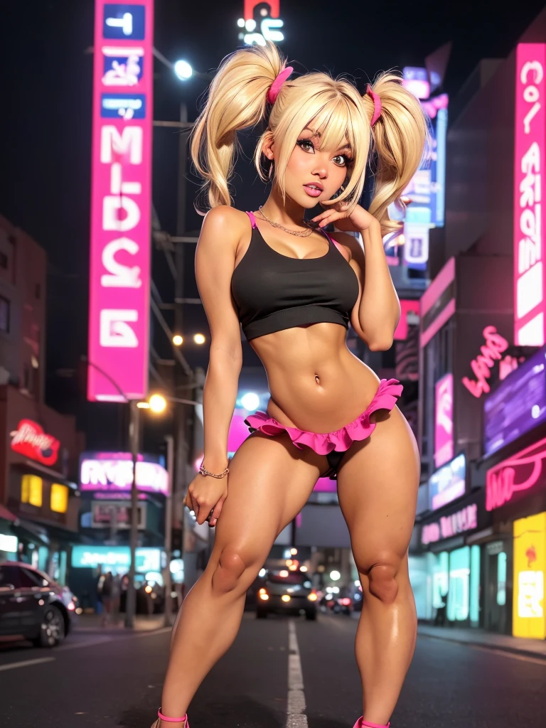 (best quality,4k,highres,ultra-detailed,realistic:1.2), a young girl, very big  breasts,short blond  hair with a pigtail and bangs,  flat abs, fitted red tank top with puff, black miniskirt, shiny pantyhos pink high heel pumps,earrings , necklace out in the street at night, neon lights and advertising 