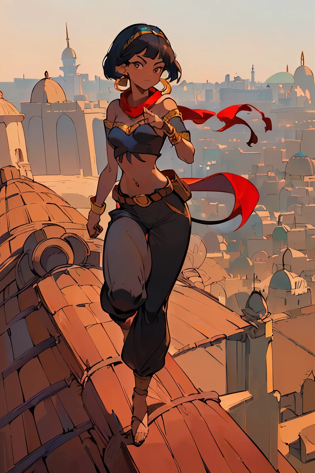 ((My Hero Academia Style)), (((Jasmine))), (((Aladdin))), (((Dark skin))), (((brown complexion))), ((((dark elf Female)))), (((((Long pointed ears))))), (((black eyes))), ((((Long Devil Tail)))), (((((Arabian Clothes))))), ((((((Black Tight O-ring Belt Bra Top)))))), ((((((Red Harem Torn Crotchless pants)))))), ((((((Black Caged Highcut O-ring G-string button)))))), ((((((Brown Pouch Caged hip belt)))))), ((((((Slave Iron Chained Choker)))))), ((((((single hip-hugging cutlass)))))), ((((((Single Hip-Hugging Dagger)))))), ((((((Red torn scarf over mouth)))))), (((((Hoop Earrings))))), ((((((Pixie Cut Hairstyle)))))), (((wide and toned hips))), (((wide and toned thighs))), (((Toned calves))), (((exposed abdomen))), (((bare abdomen))), (((((navel piercing))))), (((exposed navel))), (((Knees apart))), (((Legs apart))), ((((Slightly marked abs)))), (((((slightly marked muscles))))), (((medium breasts))), (((perfect anatomy))), (((perfect hands))), (((perfect face))), (((((high quality))))), (((((masterpiece))))), ((((full body photo:1.5)))), (((looking at viewer))), (((((arabian rooftop background))))),
