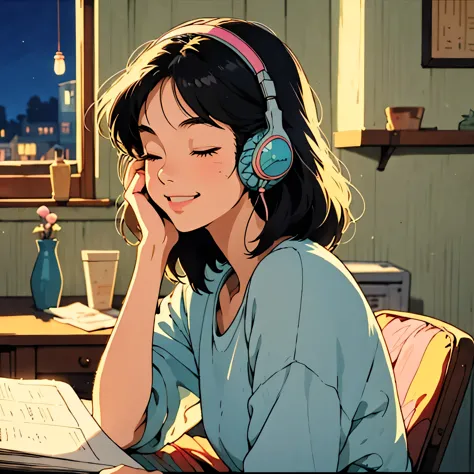 studio ghibli style illustration, cute young woman, 80's style, headphones, eyes closed, very happy expression, serene smile, so...