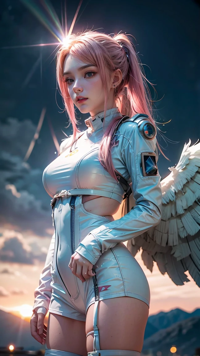 ((masterpiece, best quality, extremely detailed), volumetric lighting, ambient occlusion, colorful, glowing), 1girl, solo, young girl, (pink hair), long hair, halo, aura, sacred, godness, cyber suit, (white outfit:1.3), android, bot, angel wings, outdoors, sunset, sky, clouds, space, (cyberpunk theme:1.2),