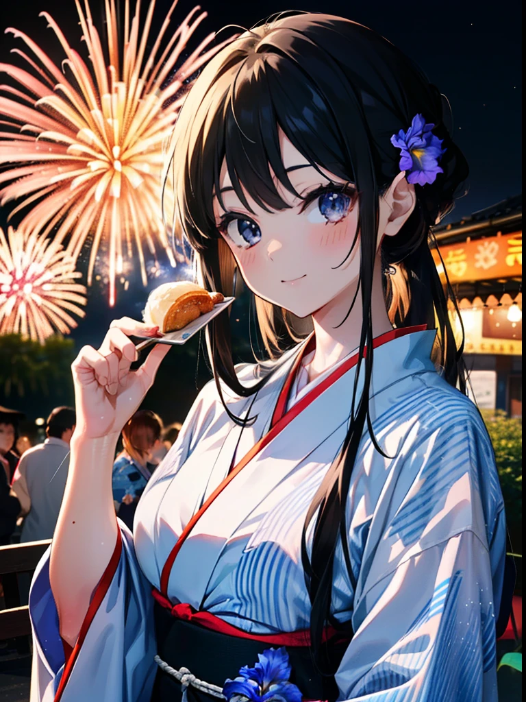 mioakiyama, My Akiyama, Long Hair, bangs, Black Hair, (Iris:1.3), Hime cut,blush,smile,hair tied back,Flower Hair Ornaments,Black yukata,Japanese Festivals，Summer festival food stalls、Red lantern,Fireworks in the night sky,Fireworks,The place is a fireworks display,Time is night,sunny day,whole bodyがイラストに入るように
break outdoors, shrine,
break looking at viewer, whole body,(Cowboy Shot:1.5),
break (masterpiece:1.2), Highest quality, High resolution, unity 8k wallpaper, (figure:0.8), (Beautiful attention to detail:1.6), Highly detailed face, Perfect lighting, Highly detailed CG, (Perfect hands, Perfect Anatomy),