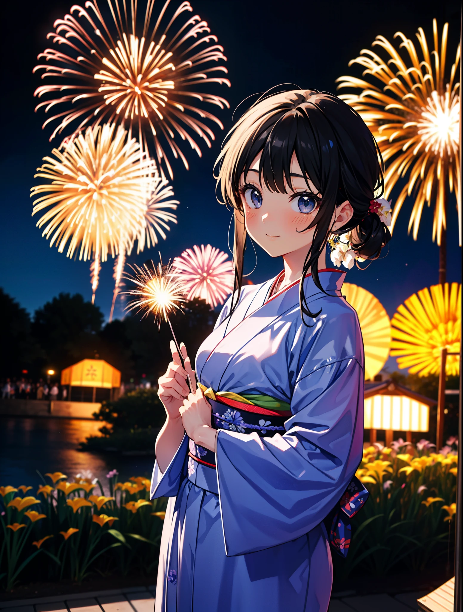 mioakiyama, Mein Akiyama, lange Haare, bangs, schwarzes Haar, (Iris:1.3), Hime-Schnitt,erröten,lächeln,Haare zurückgebunden,Blumen Haarschmuck,Black yukata,Japanische Festivals，Essensstände beim Sommerfest、Rote Laterne,Feuerwerk in the night sky,Feuerwerk,Der Ort ist ein Feuerwerk,Die Zeit ist Nacht,sonniger Tag,ganzer Körperがイラストに入るように
brechen outdoors, Schrein,
brechen looking at viewer, ganzer Körper,(Cowboy-Schuss:1.5),
brechen (Meisterwerk:1.2), höchste Qualität, Hohe Auflösung, Einheit 8k Hintergrundbild, (Figur:0.8), (Schöne Liebe zum Detail:1.6), sehr detailliertes Gesicht, Perfekte Beleuchtung, Hochdetaillierte CG, (perfekte Hände, Perfekte Anatomie),