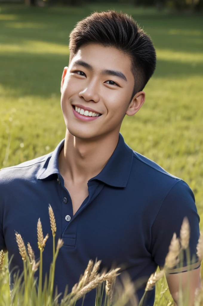 ((realistic daylight)) , Young Korean man in a navy blue polo shirt only, no stripes, and jeans., A handsome, muscular young Asian man looks at the camera.  , in the meadow wheat ,turn sideways, smile