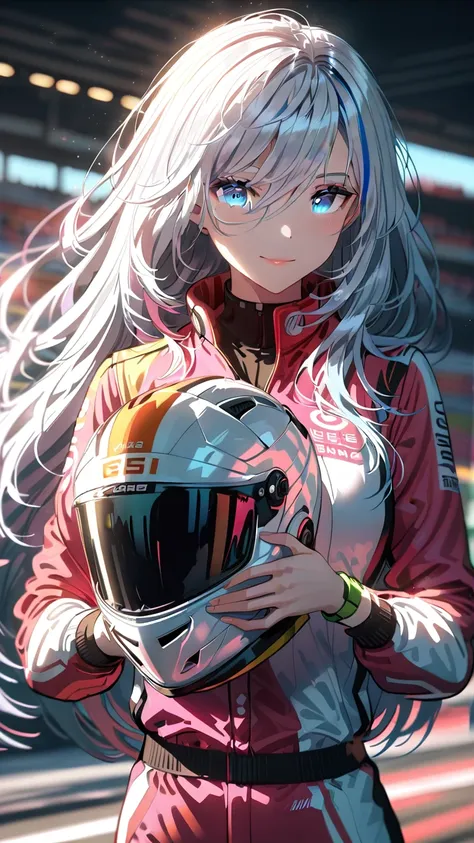 1girl, blue eyes, smile, split-color hair:1.3, long hair, pink racing suit , pale skin, holding helmet,  truck, race track, suns...