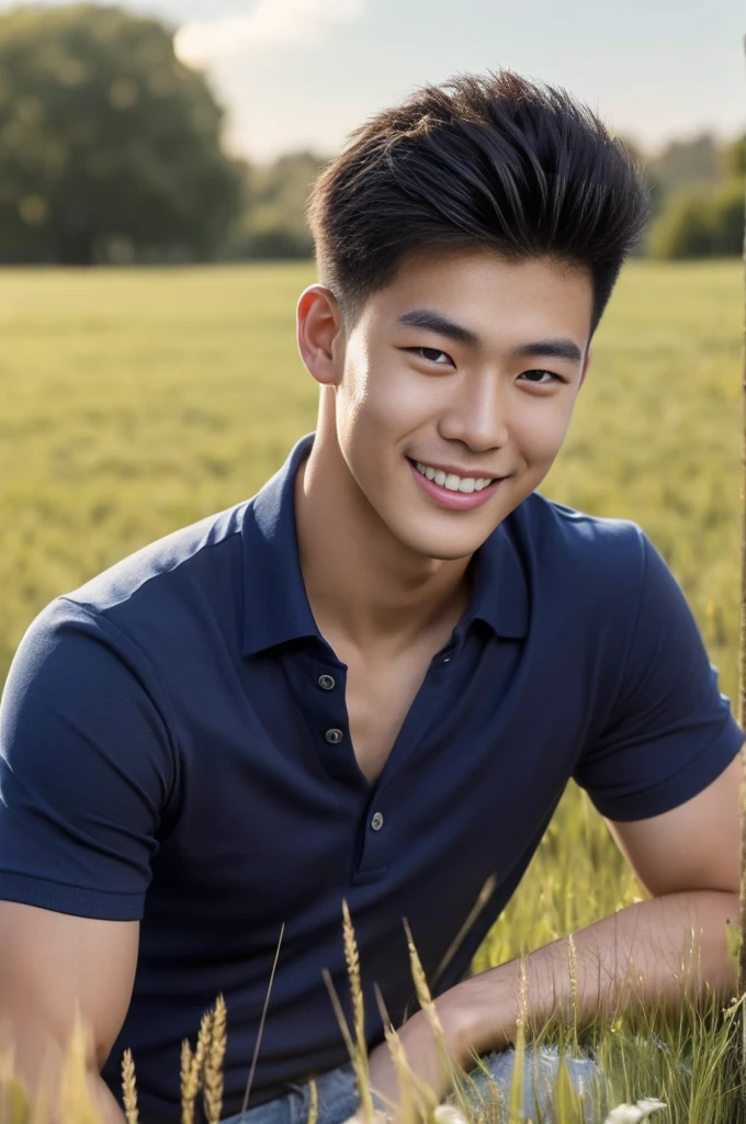 ((realistic daylight)) , Young Korean man in a navy blue polo shirt only, no stripes, and jeans., A handsome, muscular young Asian man looks at the camera.  , in the meadow wheat ,turn sideways, smile