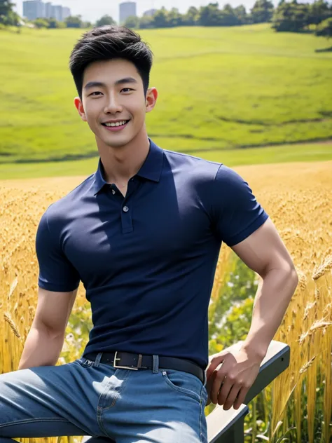 ((realistic daylight)) , young korean man in a navy blue polo shirt only, no stripes, and jeans., a handsome, muscular young asi...