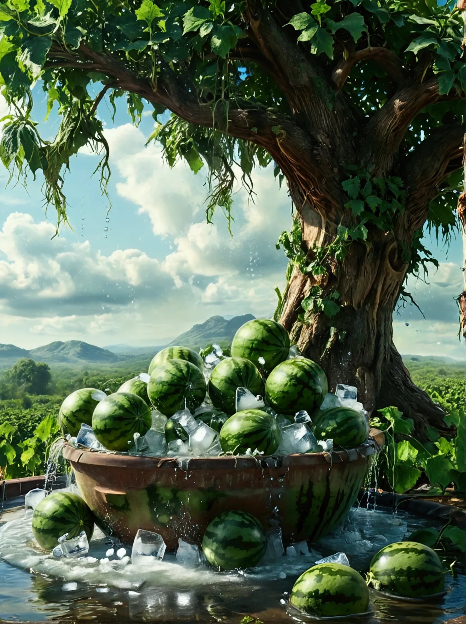 there are 6 green watermelons soaking in a water tank with ice cubes，there is a tyndall phenomenon under the big tree，ultra hd, ...