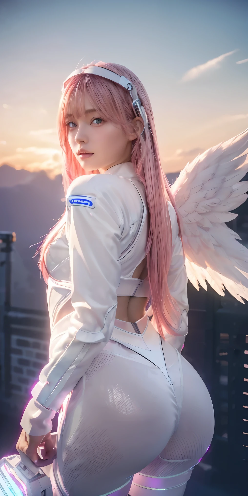 ((masterpiece, best quality, extremely detailed), volumetric lighting, ambient occlusion, colorful, glowing), 
1girl, solo, young girl, (pink hair), long hair, halo, aura, sacred, godness, cyber suit, (white outfit:1.3), android, bot, angel wings,
outdoors, sunset, sky, clouds, space, (cyberpunk theme:1.2),