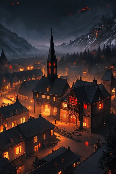 old European village shot with bird view, (Red glowing eyes), masterpiece, Depth of written boundary, Lutz, Gwaites style artwor...