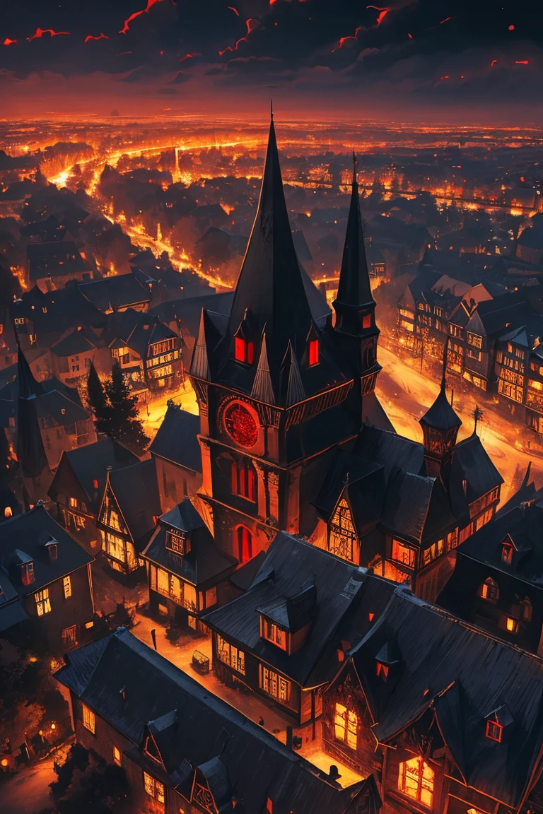 old European village shot with bird view, (Red glowing eyes), masterpiece, Depth of written boundary, Lutz, Gwaites style artwork, Gothic aesthetics, Dark Vampire village, ((in the dark gothic style cathle:1)), ((dark mid-night time:1.5)),