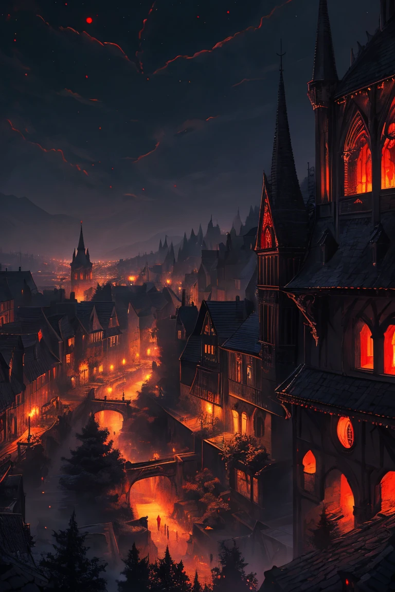 old European village shot with bird view, (Red glowing eyes), masterpiece, Depth of written boundary, Lutz, Gwaites style artwork, Gothic aesthetics, Dark Vampire village, ((in the dark gothic style cathle:1)), ((dark mid-night time:1.5)),