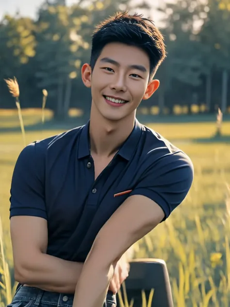 ((realistic daylight)) , young korean man in a navy blue polo shirt only, no stripes, and jeans., a handsome, muscular young asi...