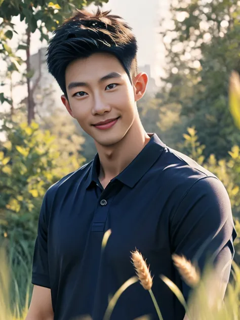 ((realistic daylight)) , young korean man in a navy blue polo shirt only, no stripes, and jeans., a handsome, muscular young asi...