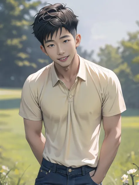 ((realistic daylight)) , young korean man in a navy blue polo shirt only, no stripes, and jeans., a handsome, muscular young asi...