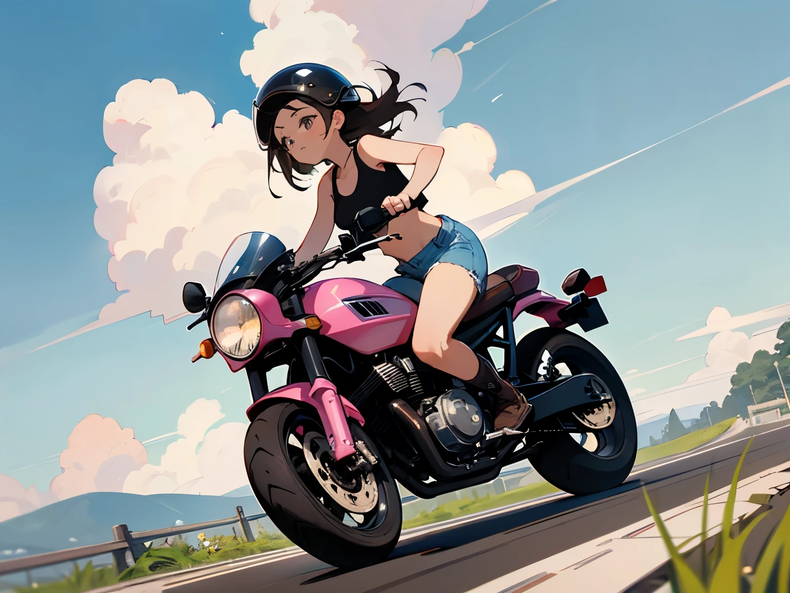 Highest quality、(One Girl Cafe Racer_Riding on motorcycle)、Dark brown shortcuts、She is wearing a jet helmet、The helmet has a black and white line running from front to back in the center.。.、White tank top、Pink rider's jacket、Denim shorts、White knee-high socks、Brown Work Boots、Japanese countryside scenery、Seaside Road、Small Creek、Dirt roads、Weeds growing on the side of the road、blue sky、Floating white clouds、Early summer sky、