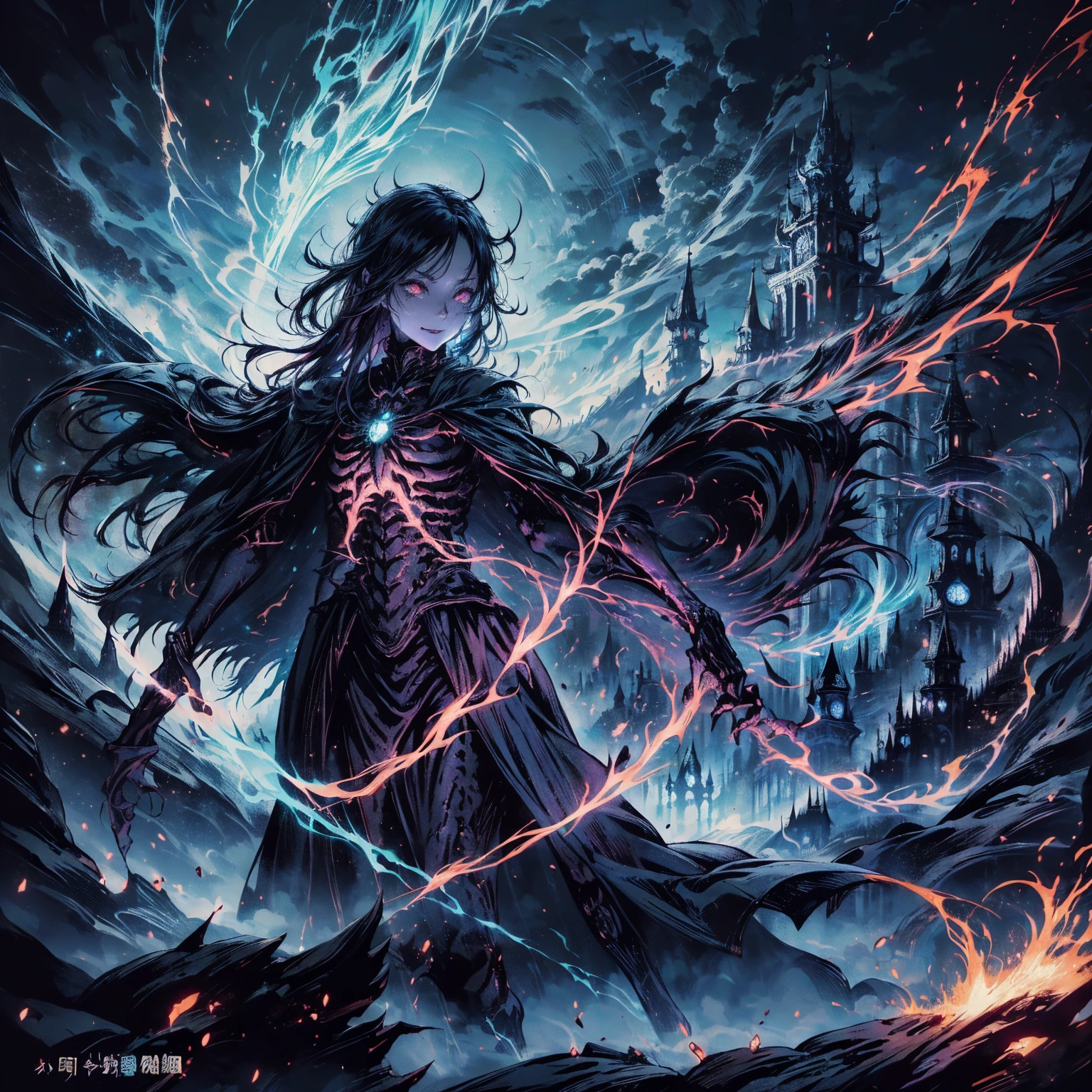 Black Hair动漫人物, Detailed cover design, Anime epic artwork, detailed key anime art, Be focused, dark fantasy artwork, Anime Fantasy Artwork, Official artwork with high detail, Dark Witch Panorama, Lich Vecna (d&d), (whole body:1.5), (Wide-angle lens:1.2), best quality, 4K, high resolution, (masterpiece:1.2), Very detailed, (current:1.37), (Anatomically correct:1.2), Mood lighting, Undead girl in a long cloak, Black Hair, 除了头仍然是美丽的人脸之外whole body都是骷髅骨头, Wearing a tattered gothic skirt, A sense of alienation, Dangerous sneer, Smiling and crying, Facing the camera, Pitch black sky, Blood red moon, strange atmosphere, Gothic style, Unforgettable beauty, Dramatic shadows, Ethereal Light, Mysterious atmosphere, Resurrection from the grave, The Black Magic, Dead, Dark Force (StarWar), Force lightning radiates from fingertips.