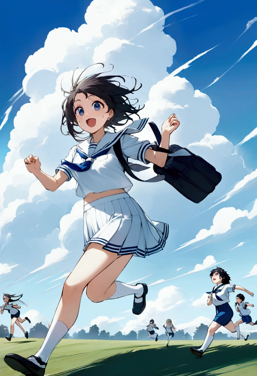 広大なblue sky,Very detailed, delicate and dynamic,Big smile,Great quality, 16K,Student Bag,Black Hair,女子高生がblue skyを駆け抜ける,白いcloud,running,Sailor suit,uniform,Young people,,blue sky,cloud, Wind effects, background,Side dash,Sweat,Side dash,sense of achievement,Jump