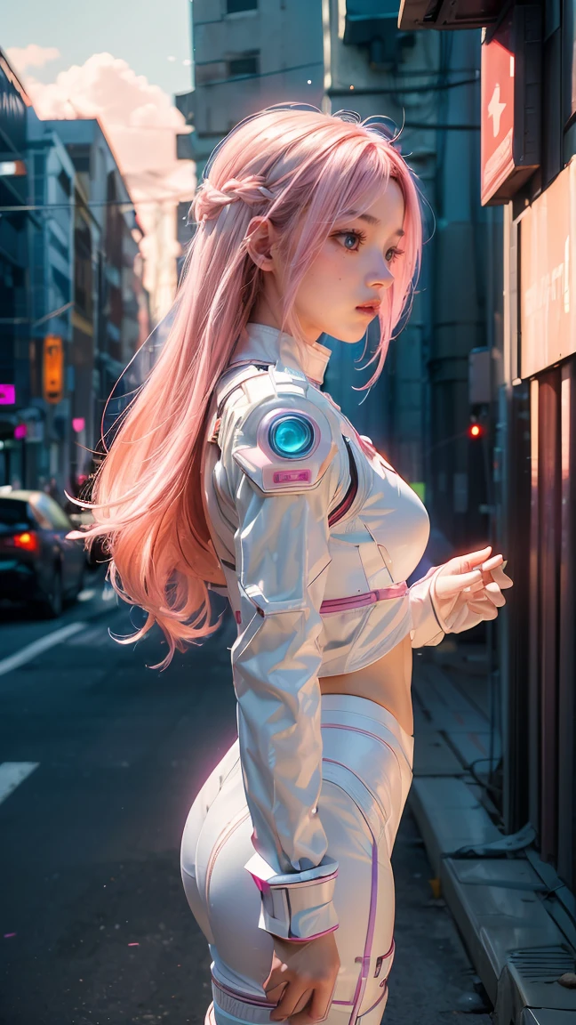 ((masterpiece, best quality, extremely detailed), volumetric lighting, ambient occlusion, colorful, glowing), 1girl, solo, young girl, (pink hair), long hair, halo, aura, sacred, godness, cyber suit, (white outfit:1.3), android, bot, angel wings, outdoors, sunset, sky, clouds, space, (cyberpunk theme:1.2),