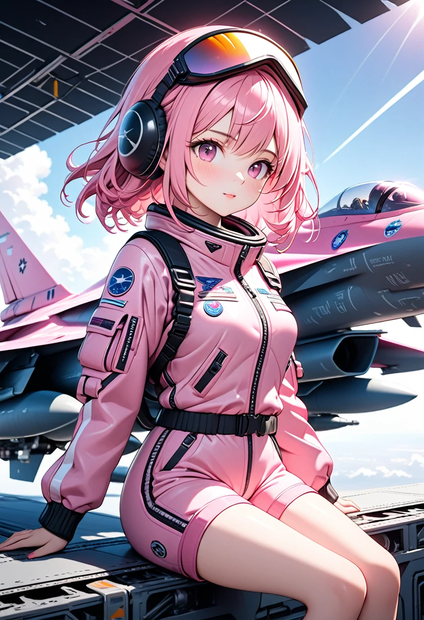 a beautiful girl with cute straight pink hair wearing a ruffled pink shorts style pilot suit, holding a pink helmet under her arm, sitting on the wing of a pink futuristic fighter jet shaped like an F-16, gazing at the sky, the fighter jet painted with a stylish scientific pattern, high quality, high definition, masterpiece, best quality, 4k, 8k, ultra detailed, ultra-fine painting, physically based rendering, cinematic lighting, professional photo resolution